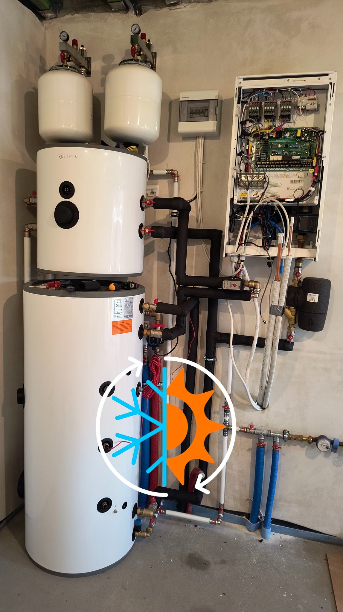 pompa ciepła Rotenso 8kw z buforem pomocniczym 50l i zbiornikiem CWU 200l