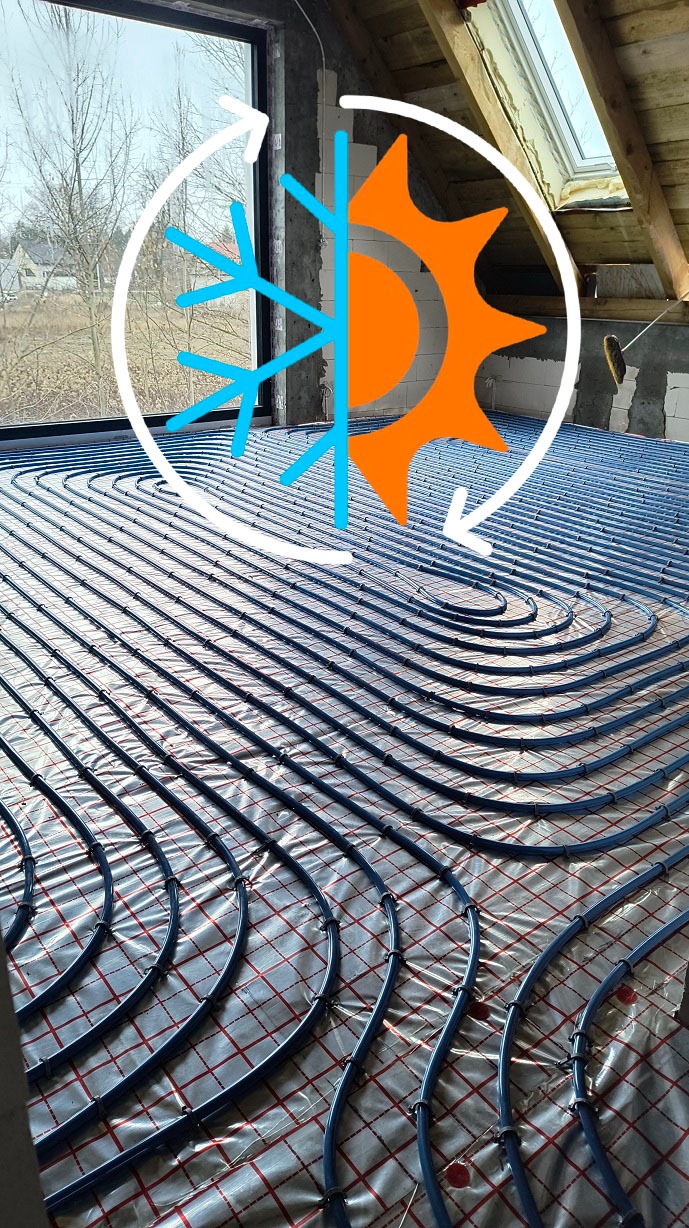 Niebieskie rury ogrzewania podłogowego Kan Therm Blue Floor ułożone na folii z siatką, widok z góry, okno w tle, grafika słońca i śnieżynki symbolizująca ogrzewanie.