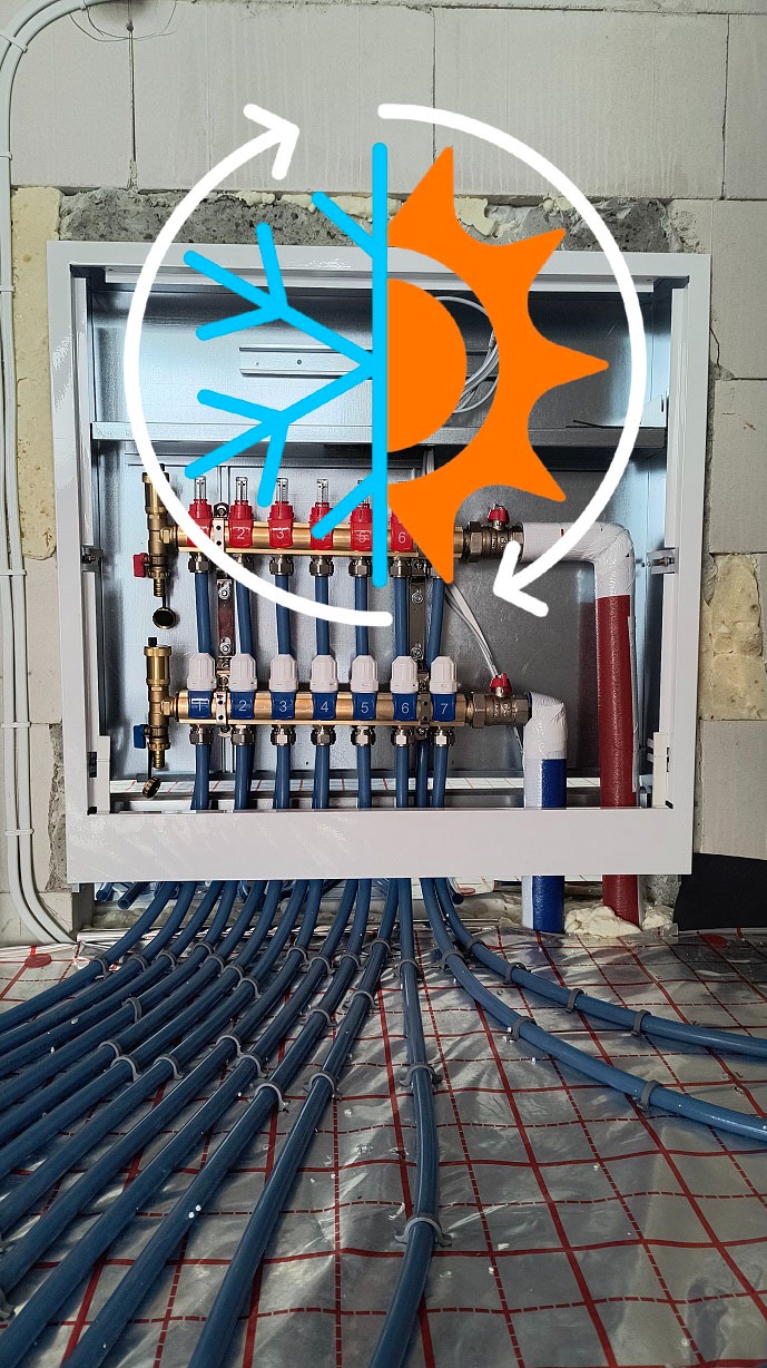 Rozdzielacz ogrzewania podłogowego Kan Therm Blue Floor z niebieskimi rurami na folii grzewczej, widoczne zawory i numeracja sekcji, z grafiką słońca i płatka śniegu.