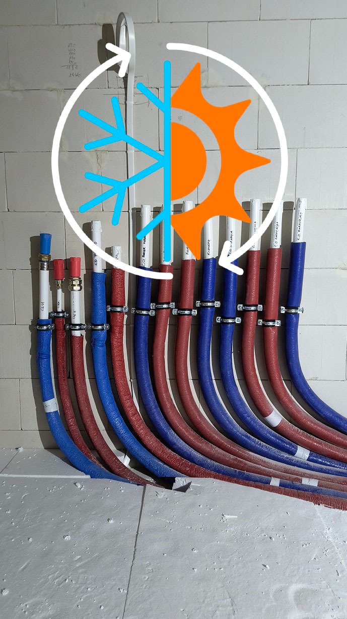 Instalacja ogrzewania podłogowego z rurami w izolacji czerwono-niebieskiej, przymocowanymi do ściany. Grafika słońca i śnieżynki symbolizuje ciepło i chłód.