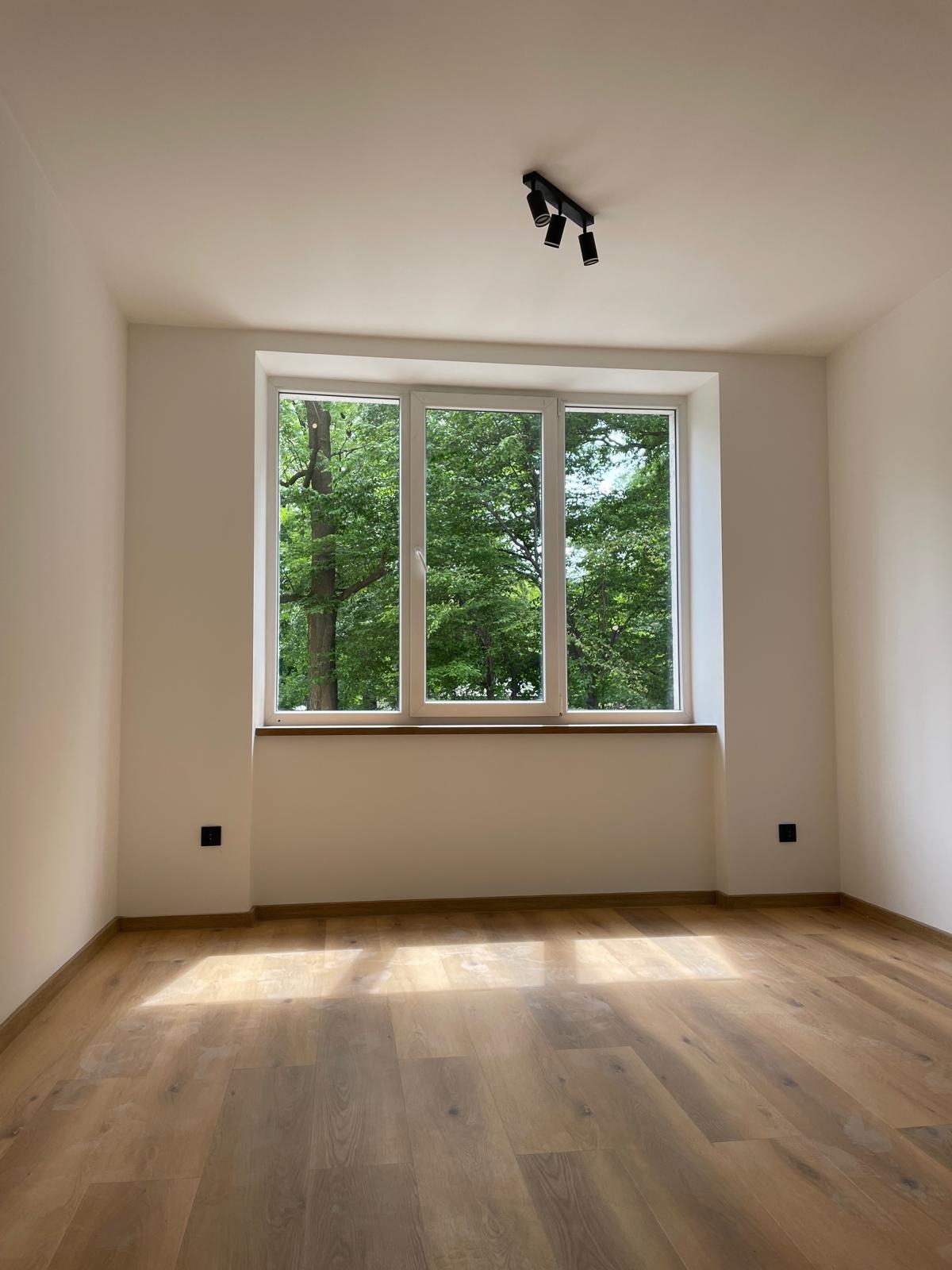 Jasne, puste pomieszczenie z nową podłogą z paneli, białymi ścianami i oknem z widokiem na drzewa; na suficie czarna lampa z trzema reflektorami.