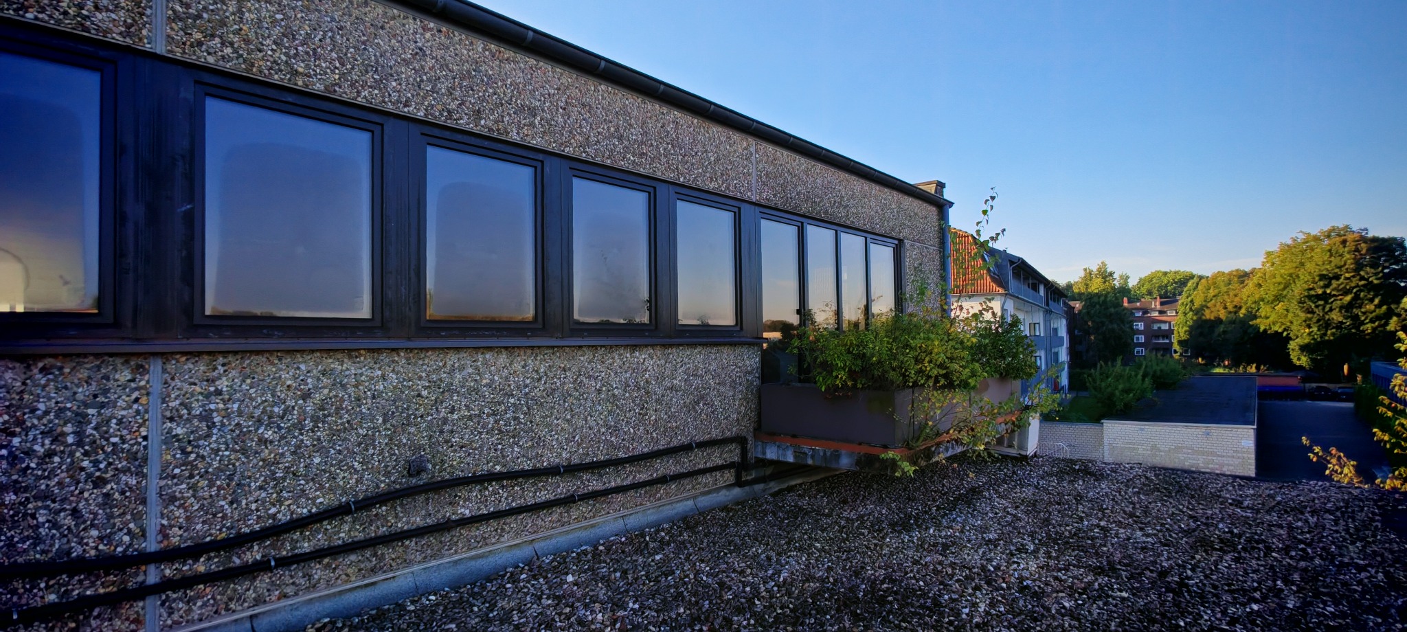 Budynek z szarym, chropowatym tynkiem, rzędem ciemnych okien i balkonem z zielenią, widok z dachu pokrytego drobnym żwirem na okoliczną zabudowę i drzewa pod błękitnym niebem.