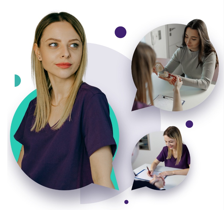 Kolaż przedstawiający kobietę w fioletowym uniformie, konsultację pacjentki z modelem dentystycznym oraz podpisywanie dokumentów.