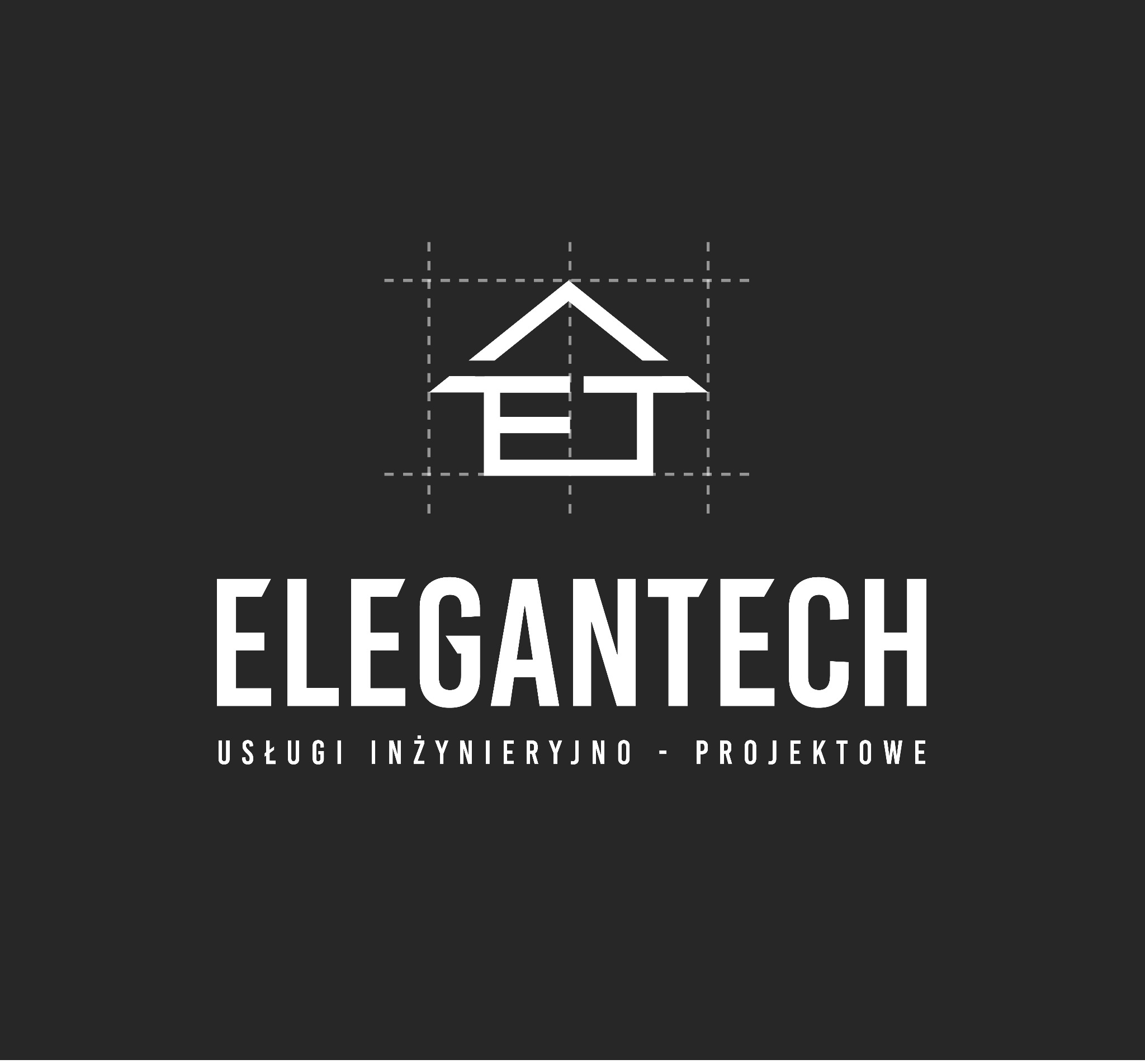 Logo firmy ElegantTech świadczącej usługi inżynieryjno-projektowe, prezentujące stylizowany symbol domu na siatce projektowej.