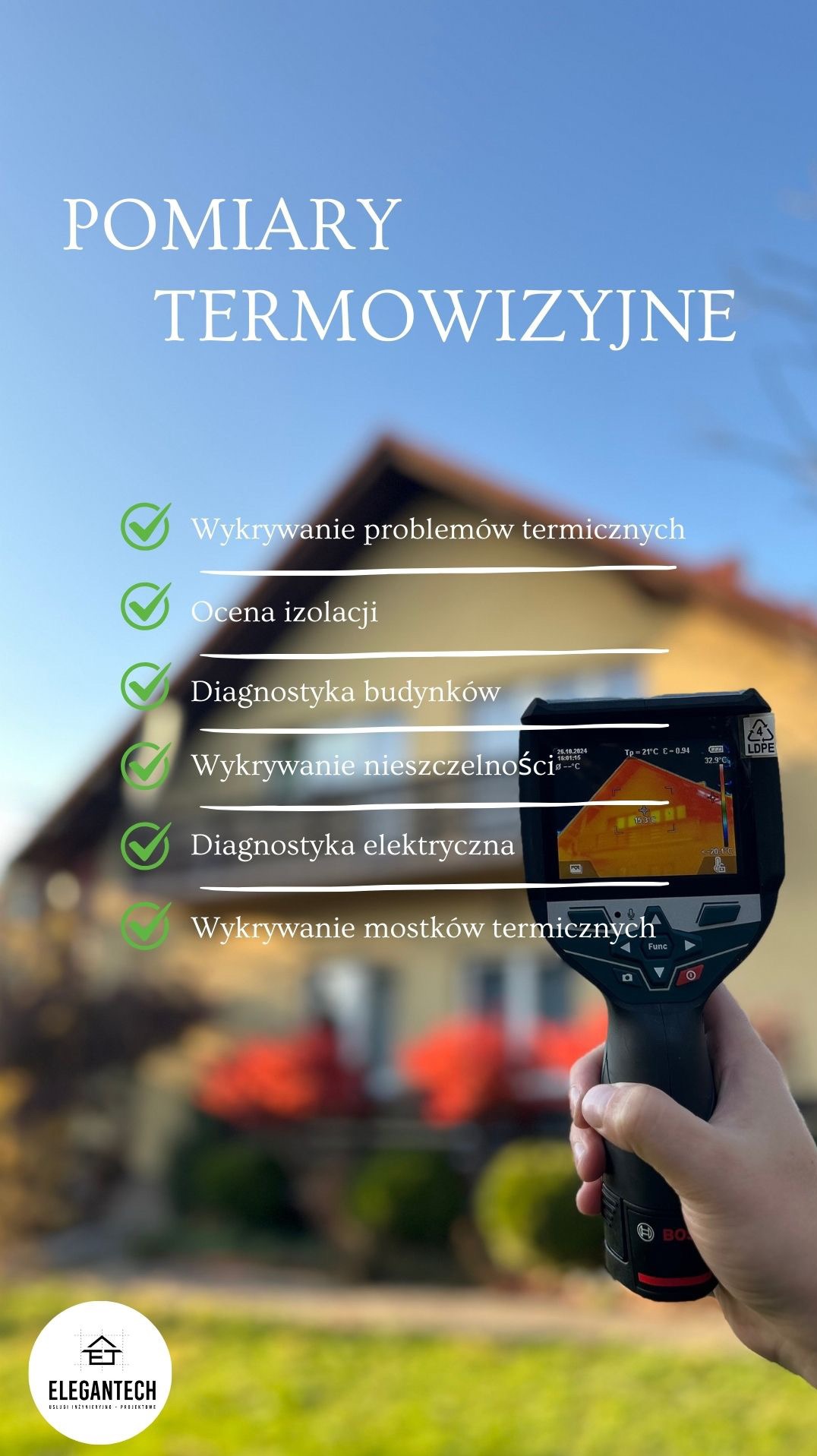 Pomiar termowizyjny budynku za pomocą kamery termowizyjnej Bosch, prezentujący diagnozę termiczną dachu z uwzględnieniem daty i temperatury, z listą korzyści takich jak wykrywanie problemów...