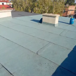 Płaski dach pokryty papą termozgrzewalną w odcieniach szarości i błękitu, widoczny komin, butla gazowa i fragment anteny na tle drzew i zabudowań.