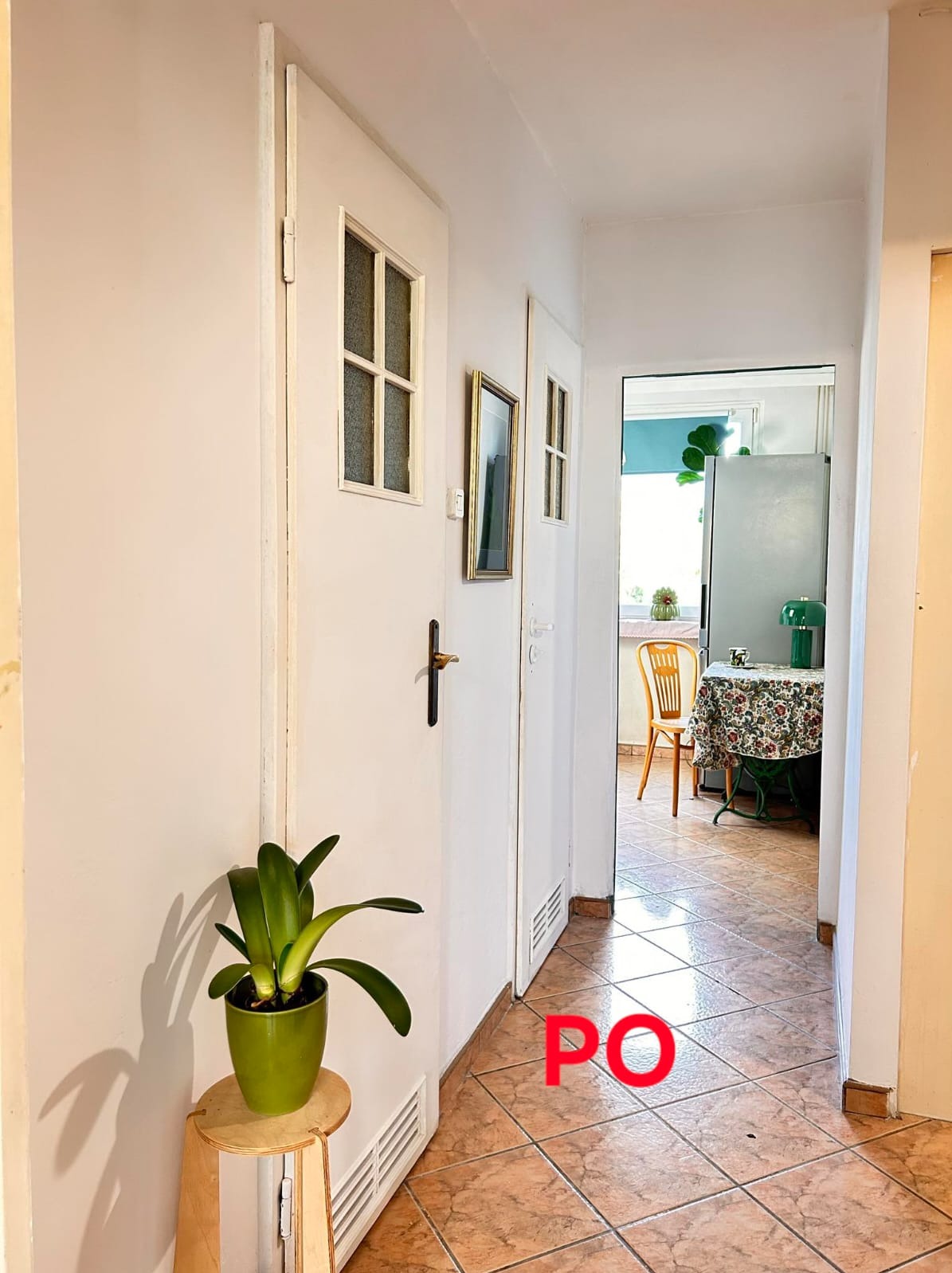 Przedpokój z terakotową podłogą, białymi drzwiami z szybkami i zielonym kwiatem w doniczce na drewnianym stołku, widok na kuchnię z okrągłym stołem pod oknem.