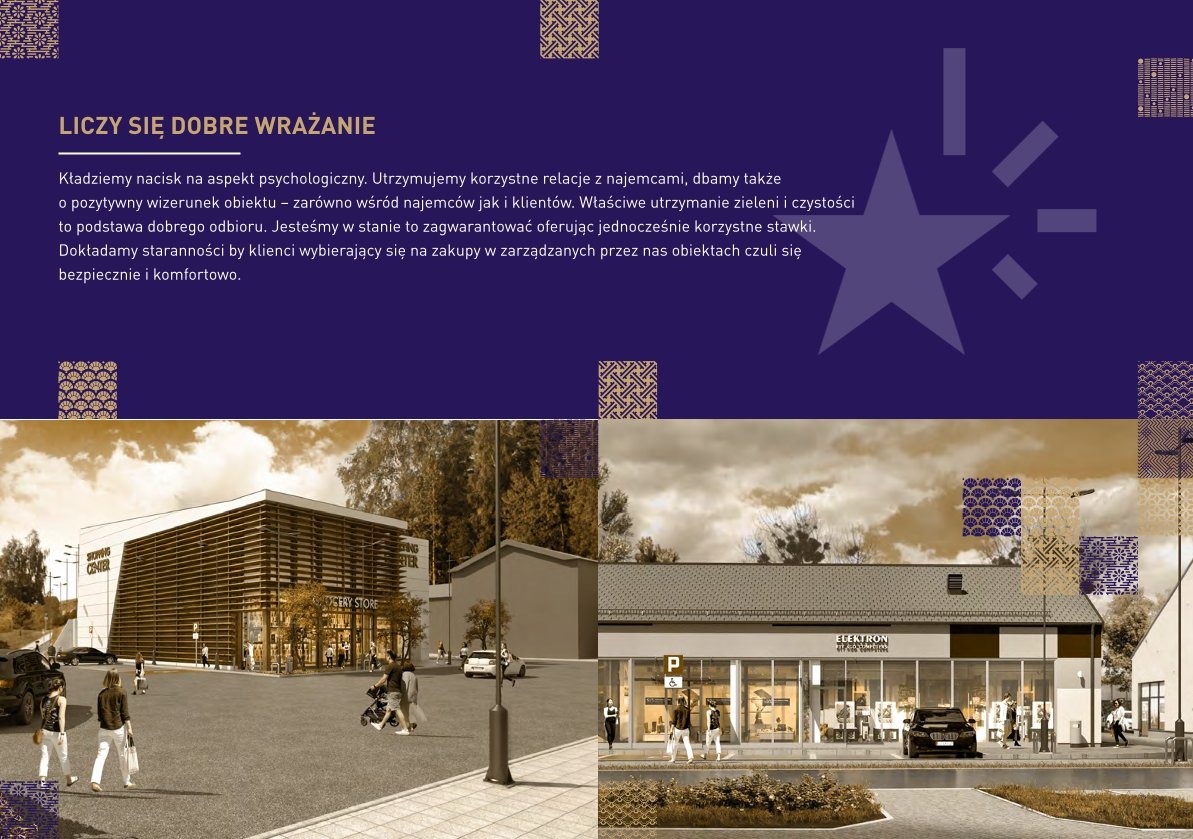 Wizualizacja dwóch budynków handlowych: nowoczesnego centrum handlowego z poziomymi panelami i klasycznego sklepu z dużymi witrynami, prezentująca potencjał komercyjny nieruchomości.