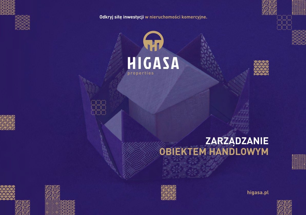 Grafika reklamowa Higasa Properties: origami w kształcie domu wewnątrz ozdobnego pudełka na fioletowym tle z motywami geometrycznymi, napis 'Zarządzanie obiektem handlowym'.