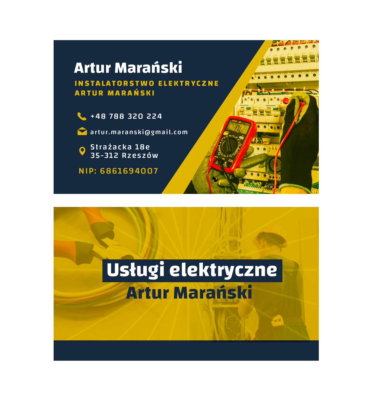 Wizytówka firmy instalatorstwa elektrycznego Artur Marański, prezentująca pomiar napięcia multimetrem na tle rozdzielnicy elektrycznej oraz dane kontaktowe i zakres usług.