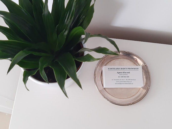 Wizytówka Kancelarii Radcy Prawnego Agaty Kluczek na srebrnej podstawce, obok doniczka z zieloną rośliną na białym tle.