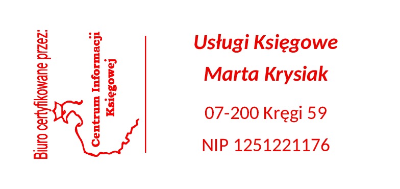 Certyfikat biura rachunkowego Marta Krysiak z adresem i numerem NIP, wydany przez Centrum Informacji Księgowej.