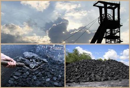 Kompozycja trzech ujęć: sylwetka wieży szybowej na tle pochmurnego nieba, łopata nabierająca węgiel kamienny z pryzmy przy ceglanej ścianie, oraz sterta węgla na zewnątrz w słoneczny dzień.