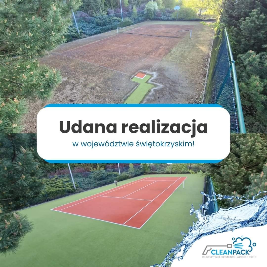 Porównanie stanu kortu tenisowego przed i po czyszczeniu, z widocznym efektem odświeżenia koloru i usunięcia zabrudzeń, uzupełnione logo firmy Cleanpack i napisem 'Udana realizacja w województwie...