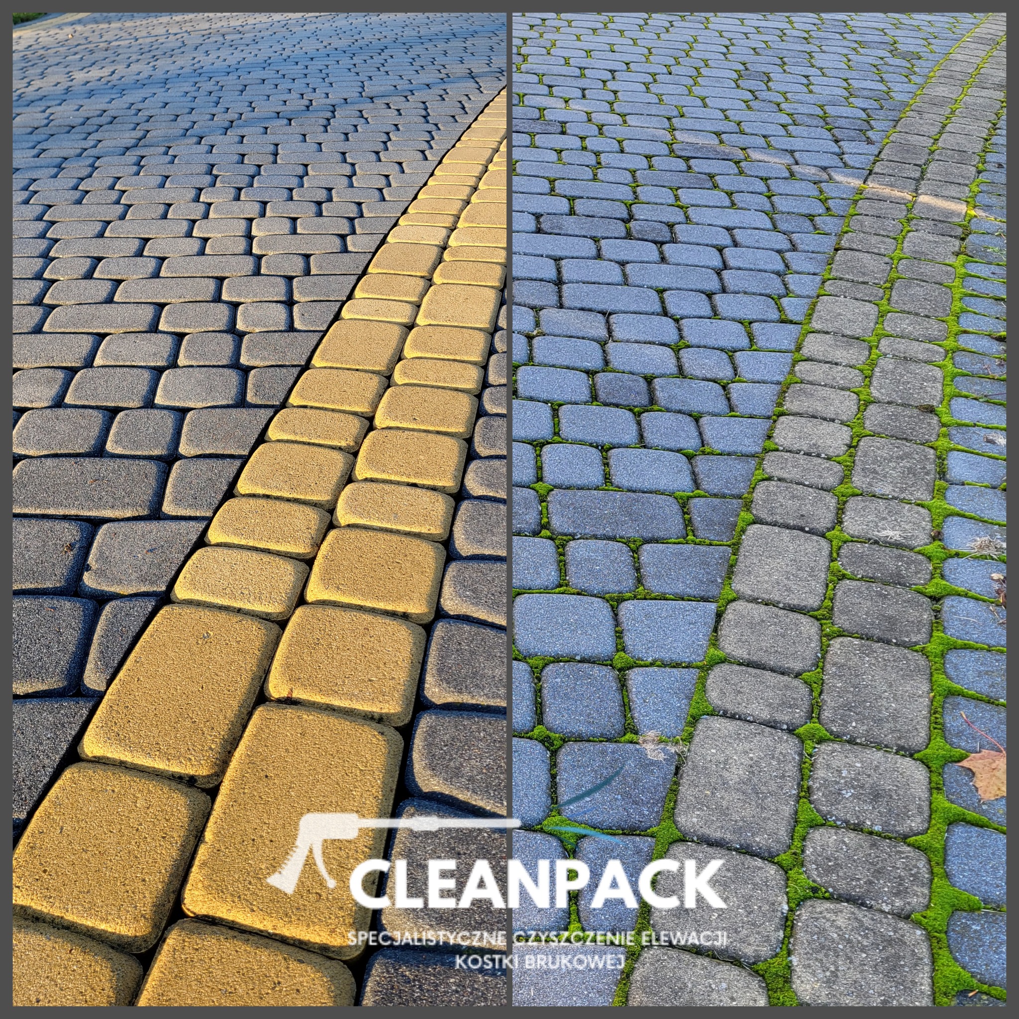 Porównanie kostki brukowej przed i po czyszczeniu: po lewej stronie czysta, żółta kostka, po prawej kostka z mchem w fugach. Na dole widoczne logo firmy czyszczącej.