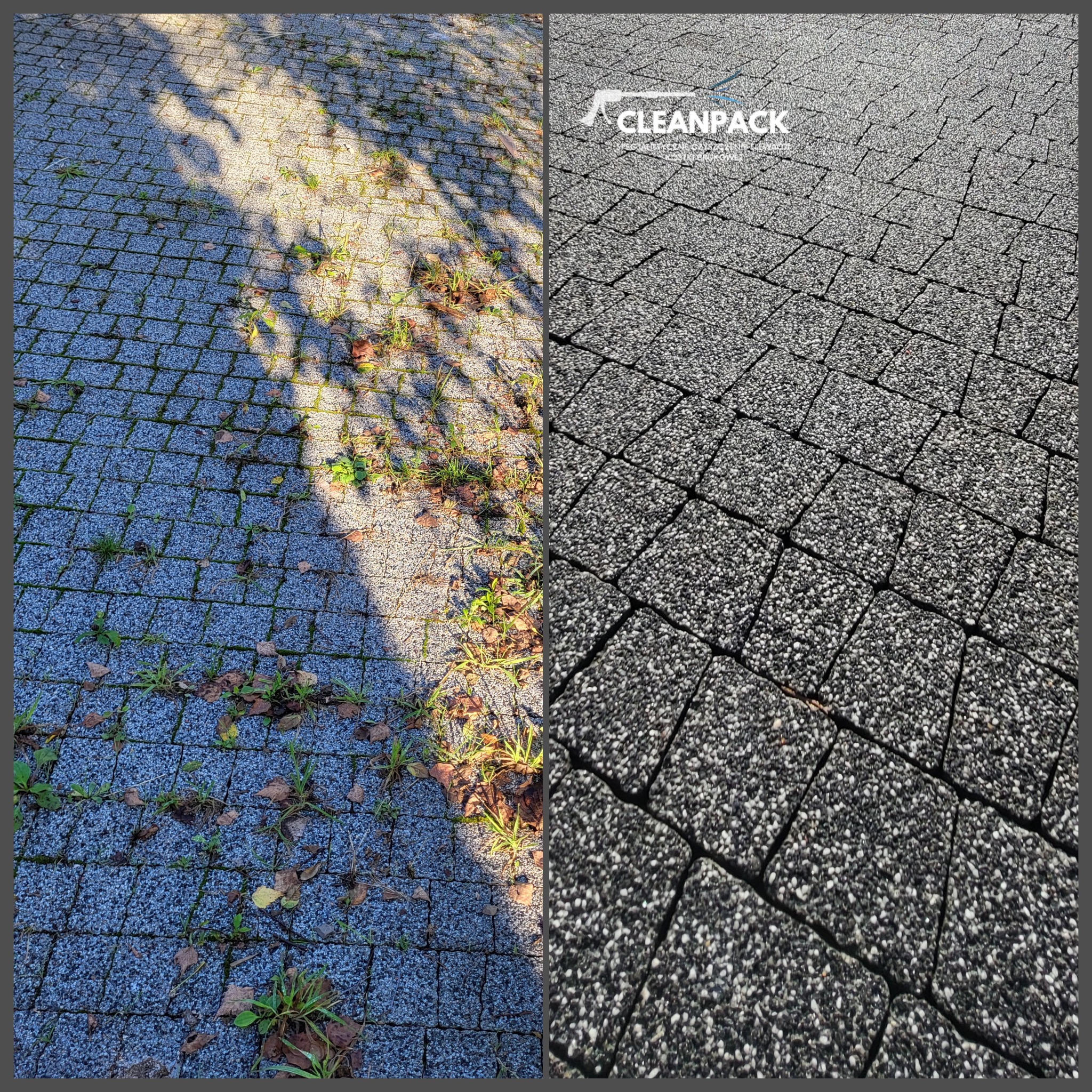 Porównanie kostki brukowej przed i po czyszczeniu: po lewej stronie kostka pokryta mchem, trawą i liśćmi, zacieniona przez drzewo, po prawej stronie czysta kostka brukowa z logo firmy Cleanpack.