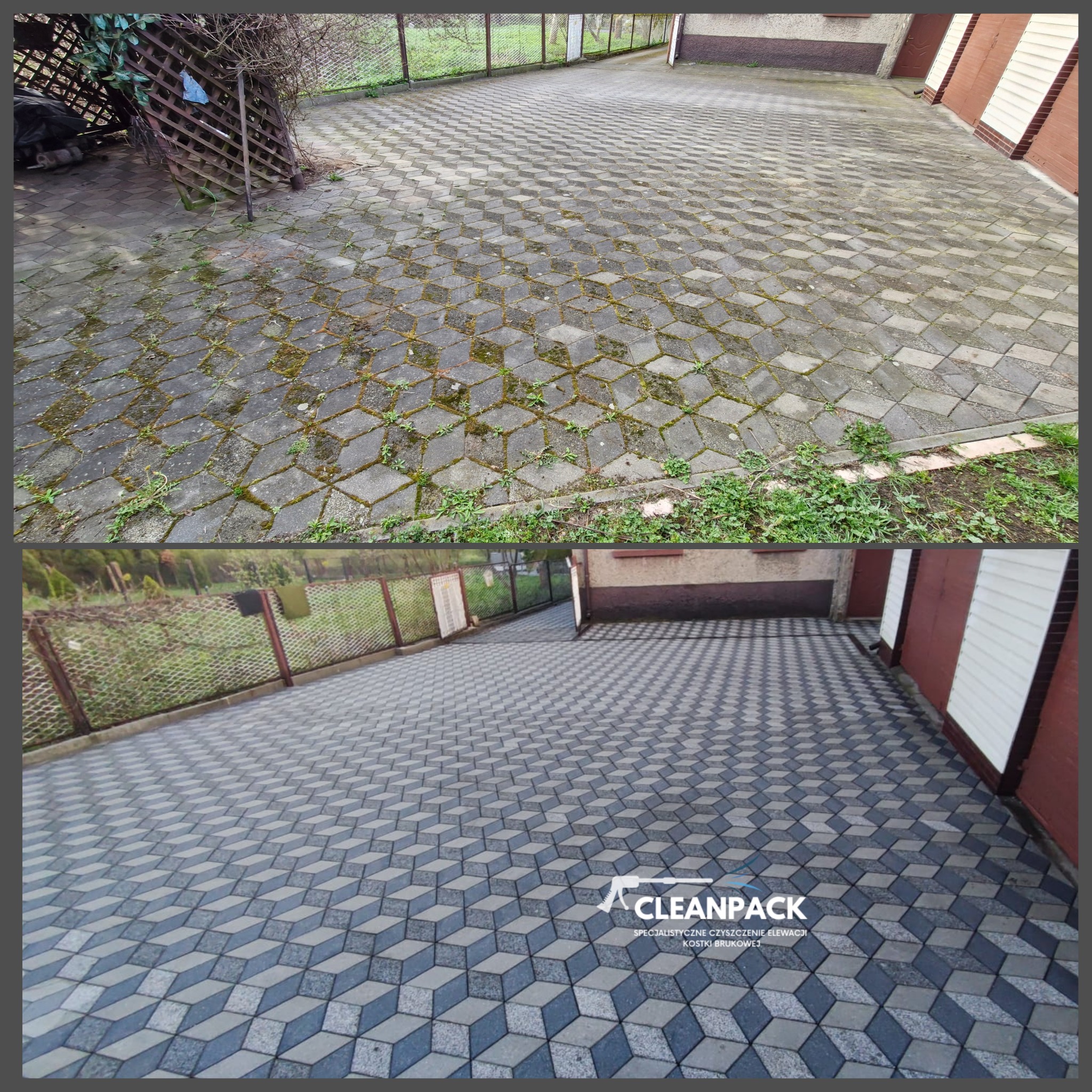 Porównanie kostki brukowej przed i po czyszczeniu: zarośnięta mchem i chwastami kontra czysta, wzór 3D, widoczny budynek i ogrodzenie.