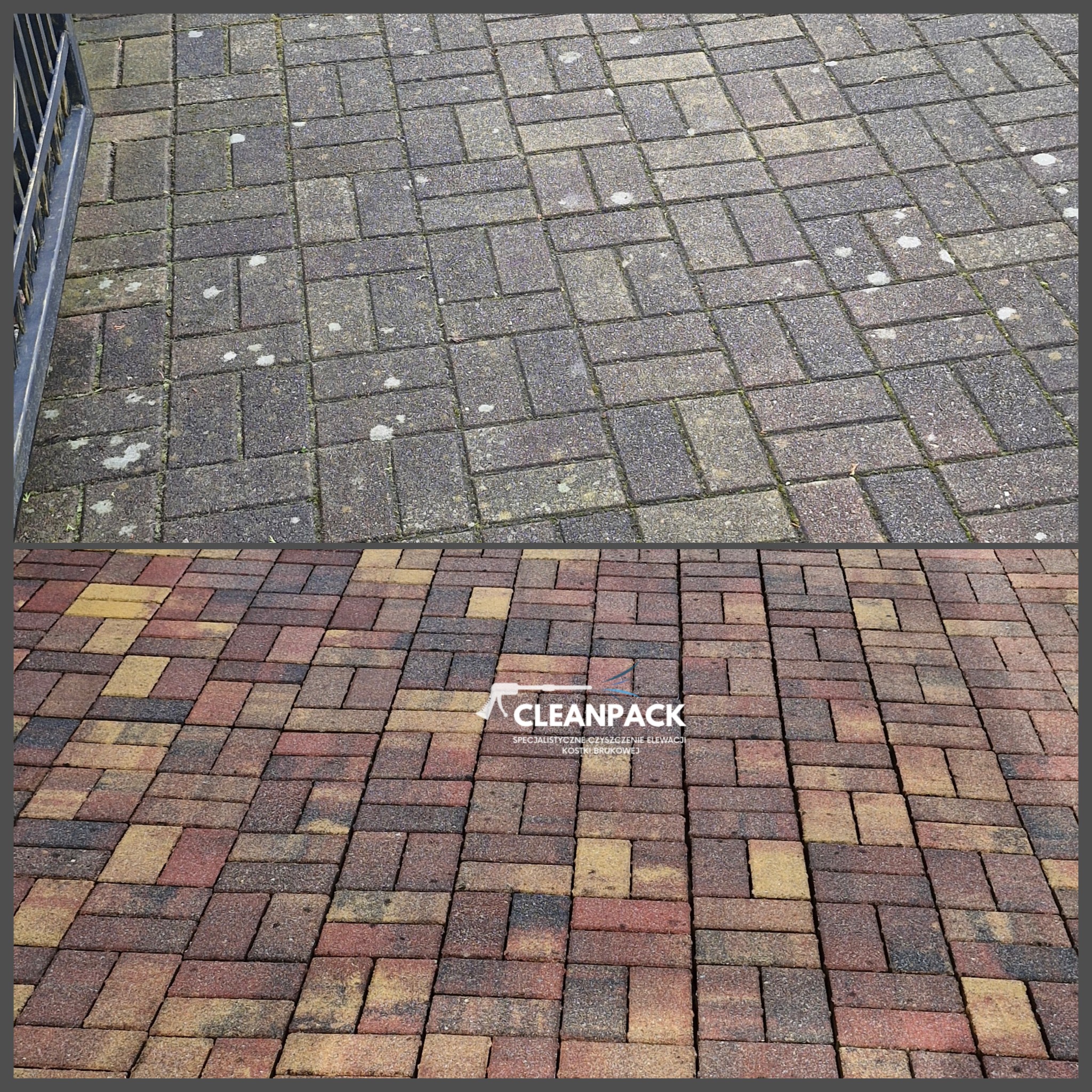 Porównanie kostki brukowej przed i po czyszczeniu, widoczne różnice w kolorze i usunięcie zabrudzeń, w dolnej części logo firmy Cleanpack.