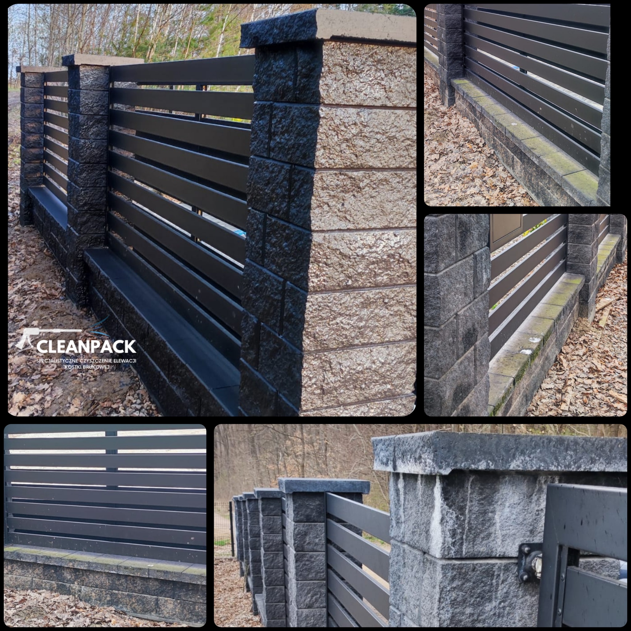 Nowoczesne ogrodzenie panelowe z betonowymi słupkami, część słupków pomalowana na czarno, widoczne logo firmy na dole po lewej stronie.