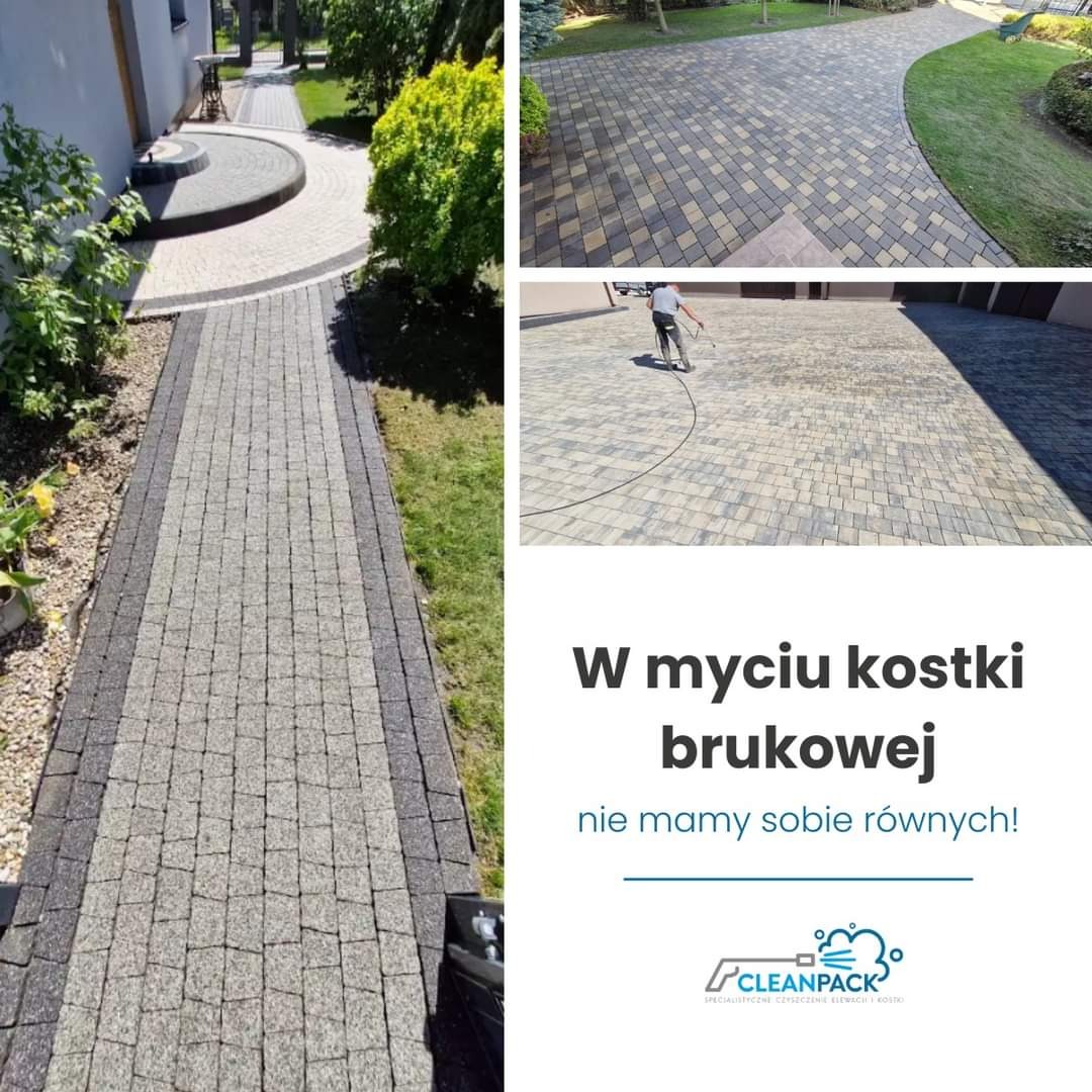 Wizualizacja kostki brukowej po czyszczeniu: po lewej stronie ścieżka z szarej kostki, po prawej trawnik, w tle budynek mieszkalny, na górze zdjęcia kostka brukowa na podjeździe, w prawym górnym...