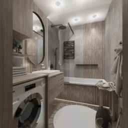 Nowoczesna łazienka z drewnianymi akcentami, pralką Miele, okrągłym lustrem i podświetleniem LED, minimalistyczny design, szare płytki.