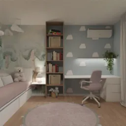 Pokój dziecięcy z łóżkiem, biurkiem i regałem, ściana z motywem drzewa i chmur, okrągły dywan w pastelowych kolorach.