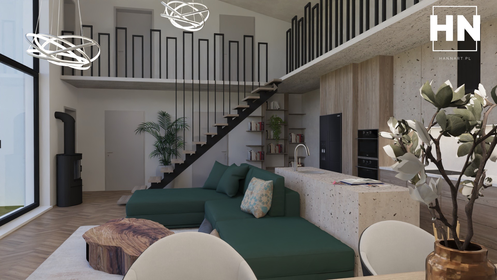 Wizualizacja wnętrza domu z antresolą, zieloną sofą narożną, drewnianym stolikiem kawowym, schodami z czarną balustradą i nowoczesnym oświetleniem, z akcentami roślinnymi i logo projektanta...