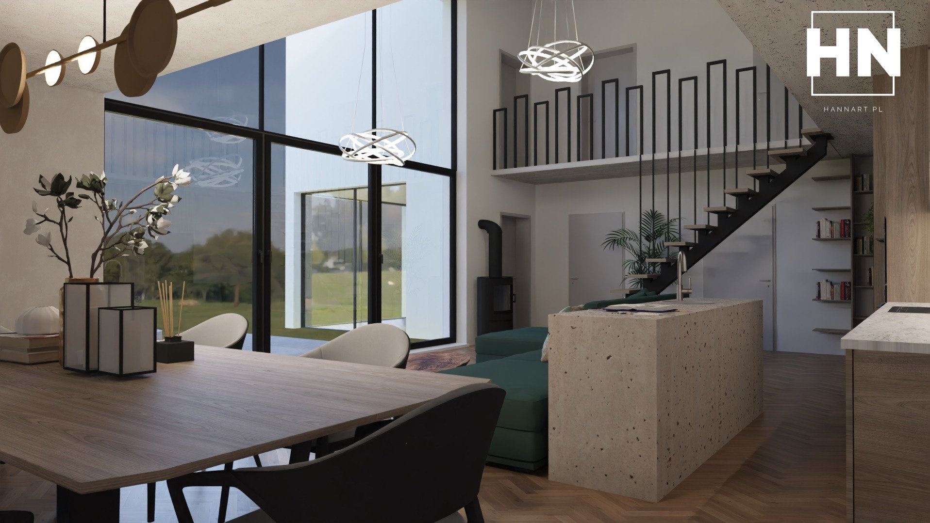 Wnętrze nowoczesnego domu z drewnianym stołem jadalnym, betonową wyspą kuchenną i schodami z czarną balustradą. Duże okna z widokiem na zieleń w tle. Widoczne designerskie lampy wiszące i dekoracje...