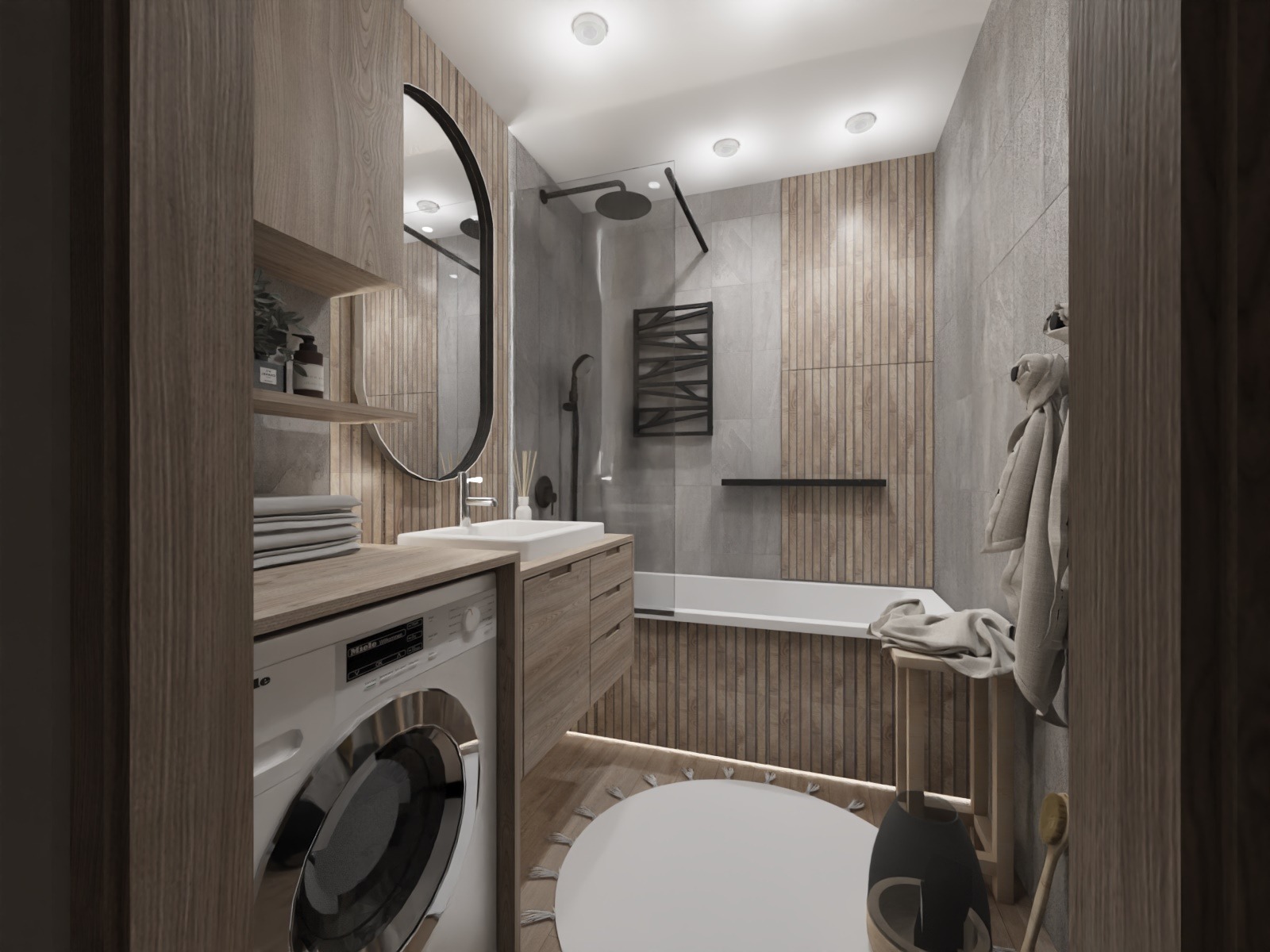 Nowoczesna łazienka z drewnianymi akcentami, pralką Miele, okrągłym lustrem i podświetleniem LED, minimalistyczny design, szare płytki.