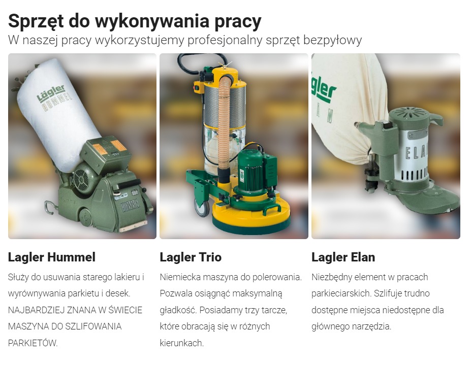 Profesjonalne maszyny do obróbki parkietu marki Lagler: Hummel do usuwania lakieru, Trio do polerowania i Elan do szlifowania trudno dostępnych miejsc.