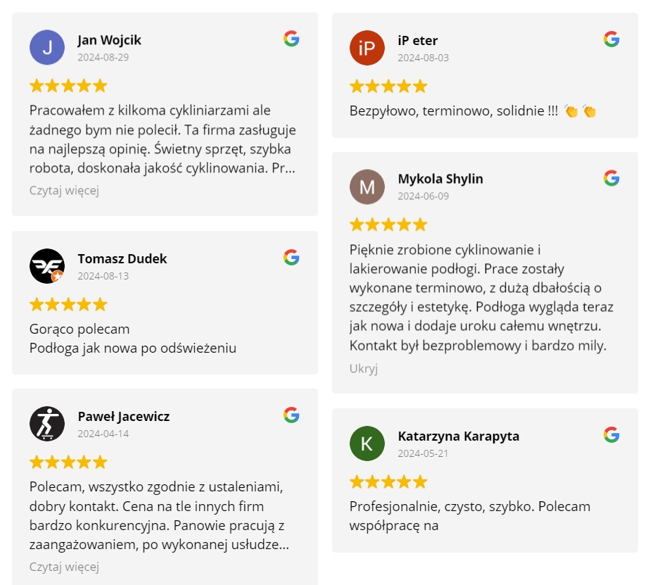 Zrzut ekranu z opiniami klientów na temat usług cyklinowania, widoczne oceny w postaci gwiazdek i pozytywne komentarze dotyczące jakości wykonania i terminowości.