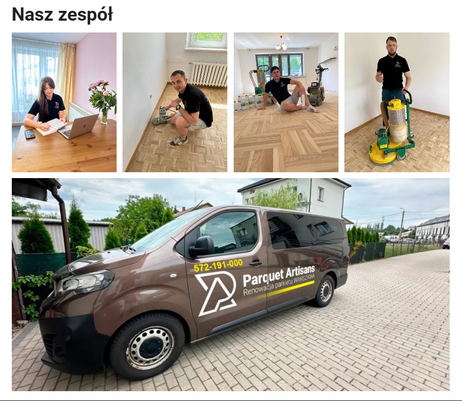 Zespół firmy parkieciarskiej: kobieta przy biurku z laptopem, mężczyźni podczas pracy z maszynami do obróbki podłóg oraz samochód firmowy z logo i numerem telefonu.