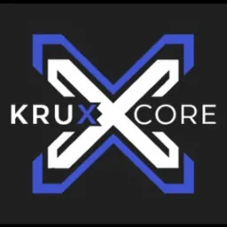 Logo Krux Core z białym X wewnątrz niebieskiej ramy na czarnym tle.