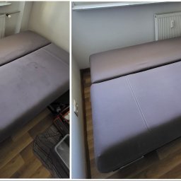 Czysty Mebel - Dwuczęściowy materac tapicerowany: po lewej stronie widoczny obszar z plamami przed czyszczeniem, po prawej stronie czysty obszar po czyszczeniu, ukazujący efekt usługi.