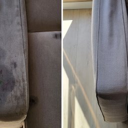 Czysty Mebel - Porównanie: Zabrudzony i wyczyszczony podłokietnik szarej sofy z tkaniny. Po lewej widoczne plamy po napojach i długopisach, po prawej czysty podłokietnik po zabiegu czyszczenia.