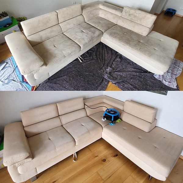 Przed i po praniu mebli tapicerowanych u naszych klientów.