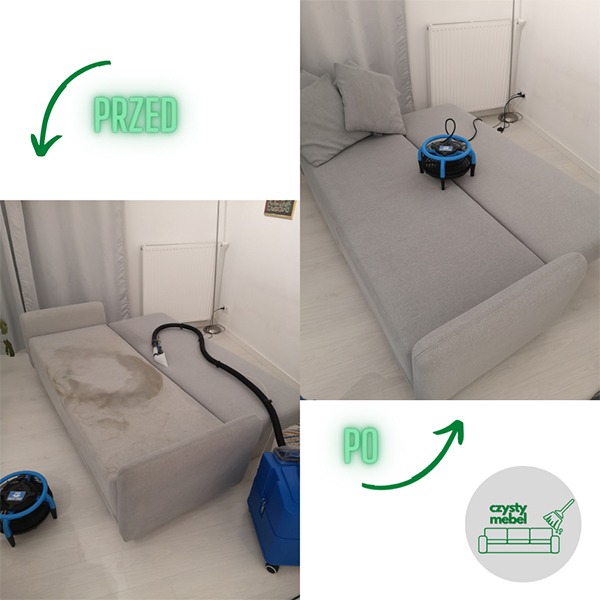 Kolaż przedstawiający sofę przed i po czyszczeniu ekstrakcyjnym; widoczny sprzęt do prania tapicerki, efekt czyszczenia z wyraźną różnicą w wyglądzie tkaniny.