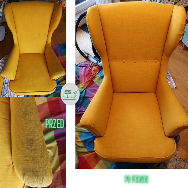 Żółty fotel typu uszak: porównanie stanu przed i po czyszczeniu tapicerki, widoczne wyraźne różnice w czystości materiału.