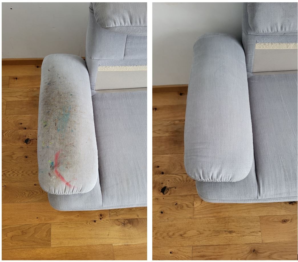Porównanie: Lewy podłokietnik jasnoszarej kanapy z widocznymi plamami i zabrudzeniami po prawej, a prawy podłokietnik tej samej kanapy po czyszczeniu, bez plam.