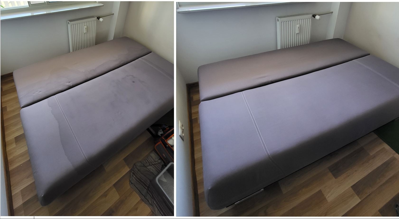 Dwuczęściowy materac tapicerowany: po lewej stronie widoczny obszar z plamami przed czyszczeniem, po prawej stronie czysty obszar po czyszczeniu, ukazujący efekt usługi.