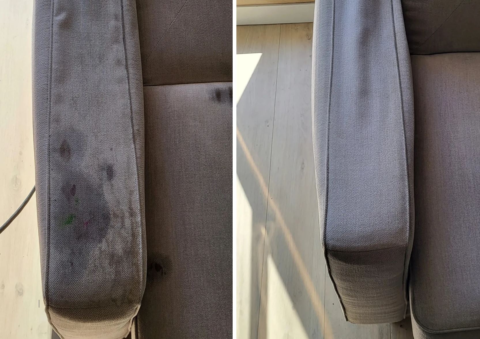 Porównanie: Zabrudzony i wyczyszczony podłokietnik szarej sofy z tkaniny. Po lewej widoczne plamy po napojach i długopisach, po prawej czysty podłokietnik po zabiegu czyszczenia.