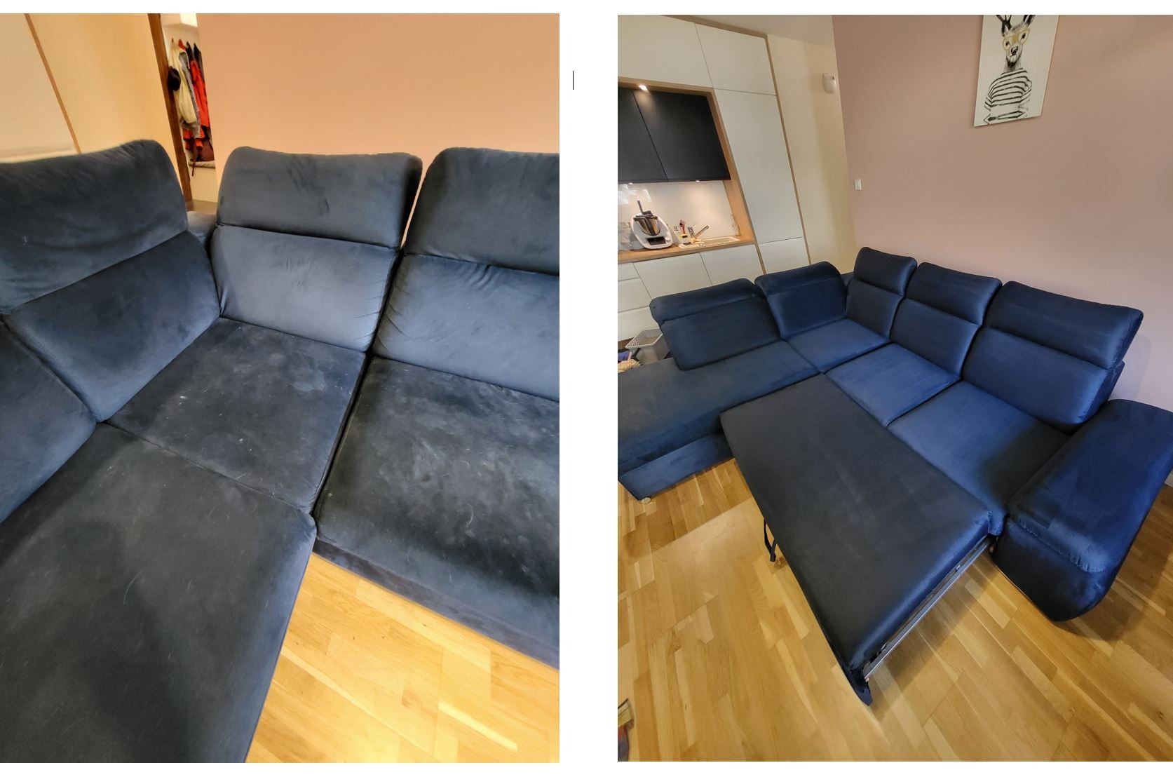 Porównanie fragmentu granatowej, welurowej kanapy narożnej przed i po czyszczeniu, widoczne plamy i różnica w odcieniu, wysuwane siedzisko, panele kuchenne w tle.