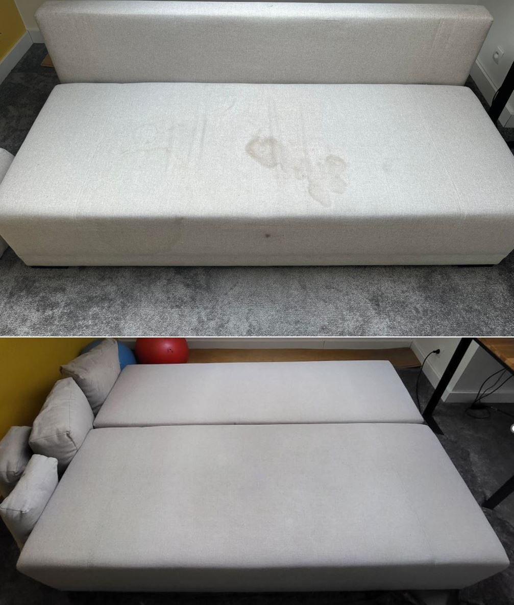 Dwuetapowe zdjęcie czyszczenia kanapy: góra - z widocznymi plamami, dół - po czyszczeniu, z widocznymi poduszkami dekoracyjnymi i elementami wyposażenia wnętrza.