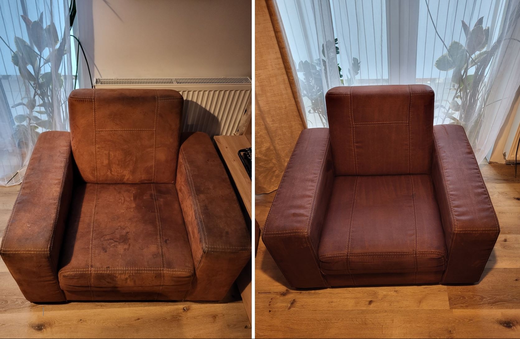 Porównanie fotela z brązowej skóry ekologicznej przed i po czyszczeniu, widoczne plamy i przebarwienia usunięte, jasne tło z zasłonami.