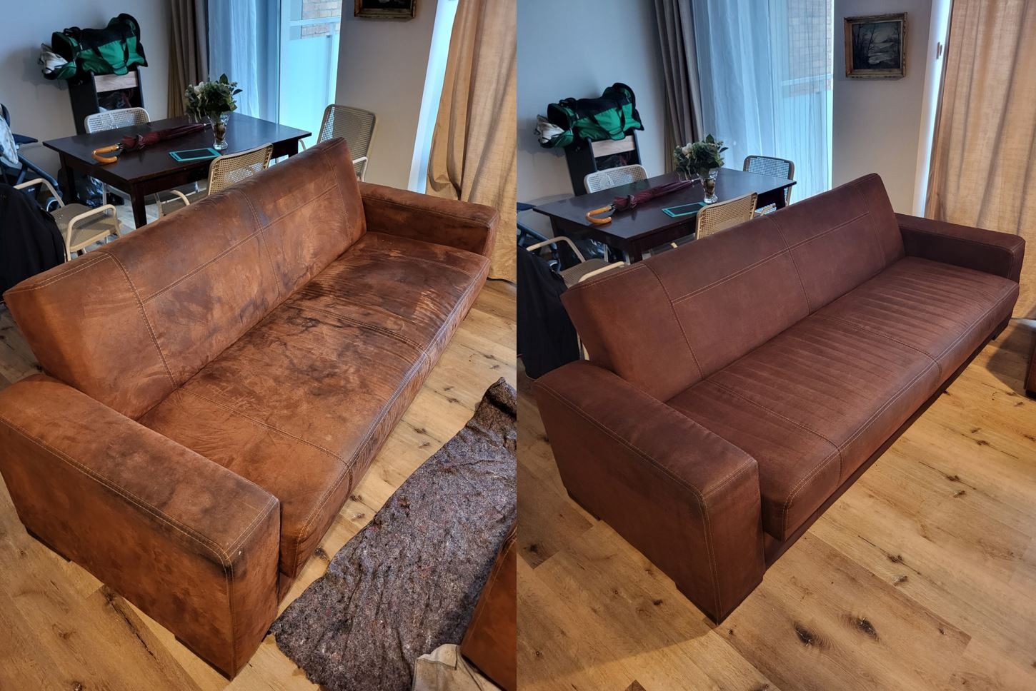 Porównanie: brudna, wyblakła skórzana kanapa przed i po czyszczeniu, widoczne wyraźne różnice w odcieniu i usunięciu plam, zarys wnętrza mieszkania w tle.