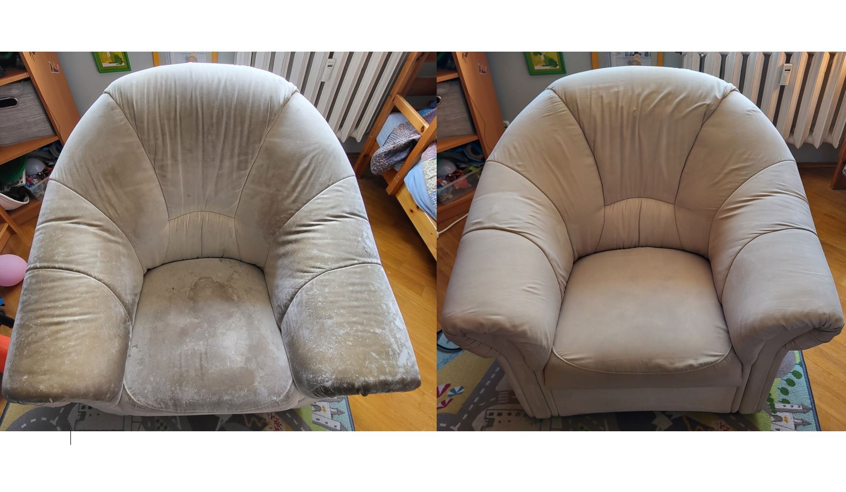 Porównanie fotela tapicerowanego przed i po czyszczeniu, widoczne wyraźne różnice w kolorze i czystości materiału. Po lewej stronie fotel jest brudny i z wyraźnymi plamami, po prawej stronie po...