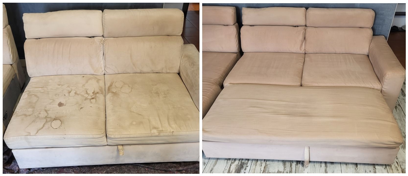 Porównanie kanapy przed i po czyszczeniu: zabrudzone siedzisko z widocznymi plamami po lewej, odświeżona i czysta kanapa po prawej stronie.