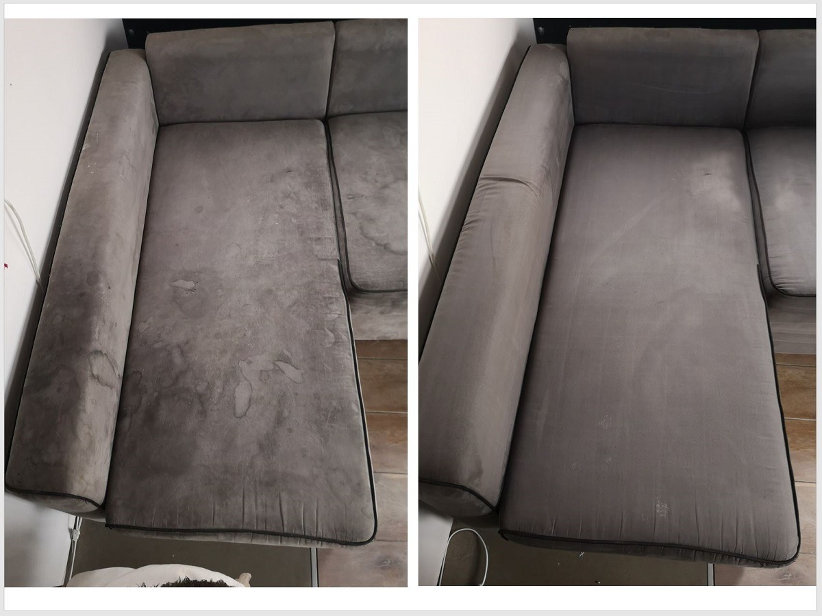 Porównanie stanu sofy narożnej z szarej tkaniny przed i po czyszczeniu. Po lewej widoczne liczne plamy, po prawej - jednolity, czysty kolor.