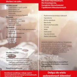 Zdjęcie prezentuje listę usług związanych z obróbką metali, spawaniem, zgrzewaniem, obróbką skrawaniem i cieplną oraz doradztwem technicznym dla firm i osób indywidualnych.