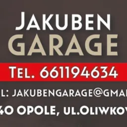 Wizytówka firmy Jakuben Garage z numerem telefonu, adresem e-mail oraz adresem siedziby w Opolu.